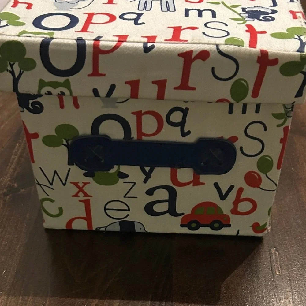 Alphabet Animal Storage‎ Box Kids Fabric Lid Blue White Giraffe Cars Educational